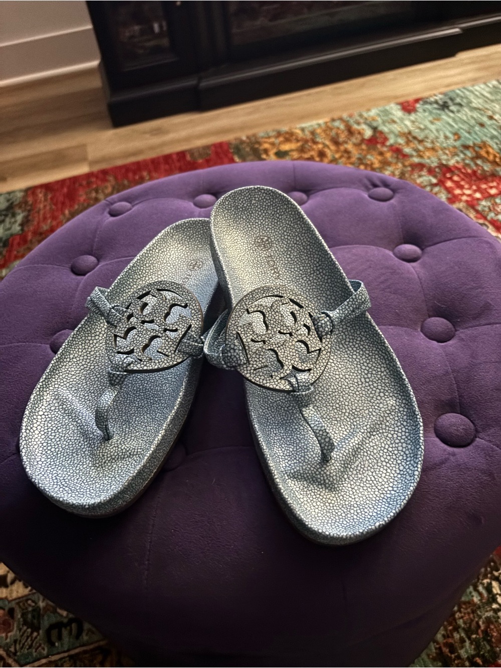 Tory Burch Metallic Blue Logo Thong Sandals